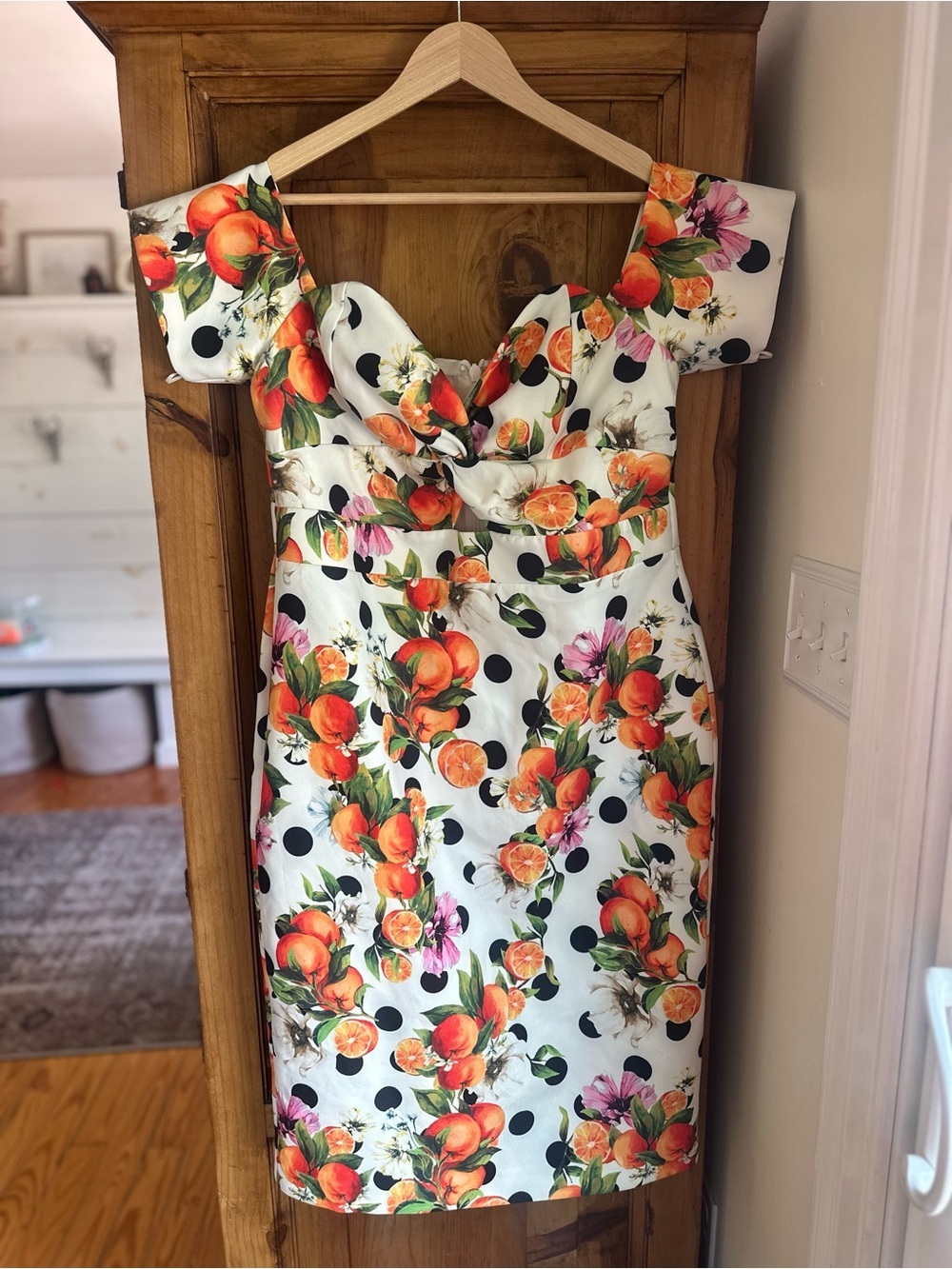 Floral Orange Polka Dot Off-Shoulder Sheath Dress US Size 12